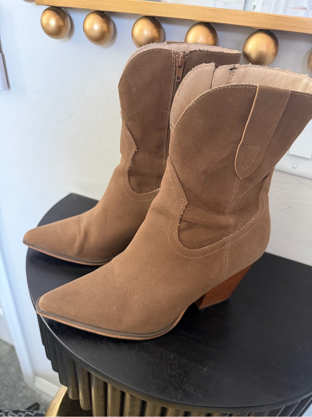 Oasis Tan Suede Pointed Western Ankle Boots